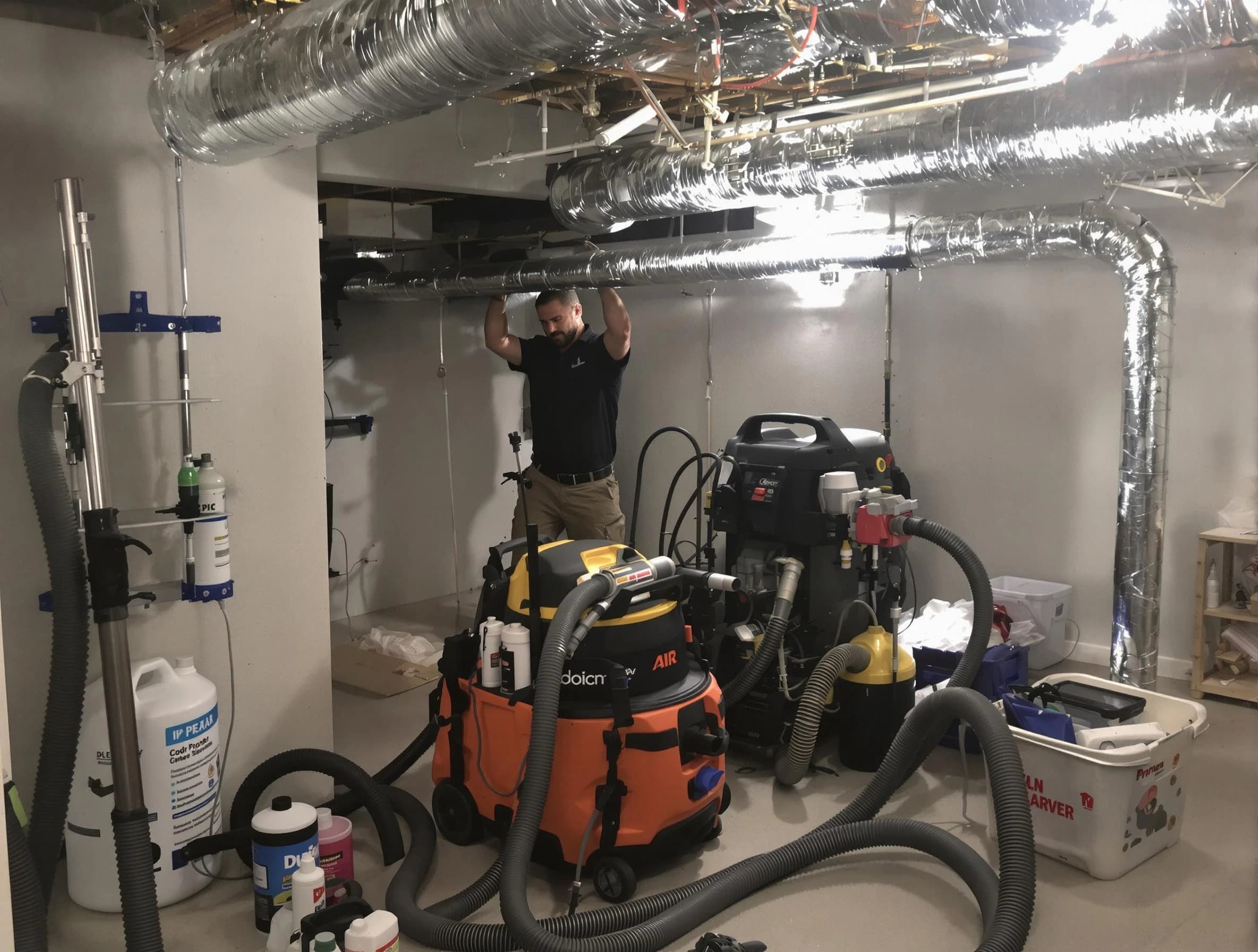 Tecumseh Air Duct Cleaning specialist performing professional mold removal from air ducts using safety equipment in Tecumseh