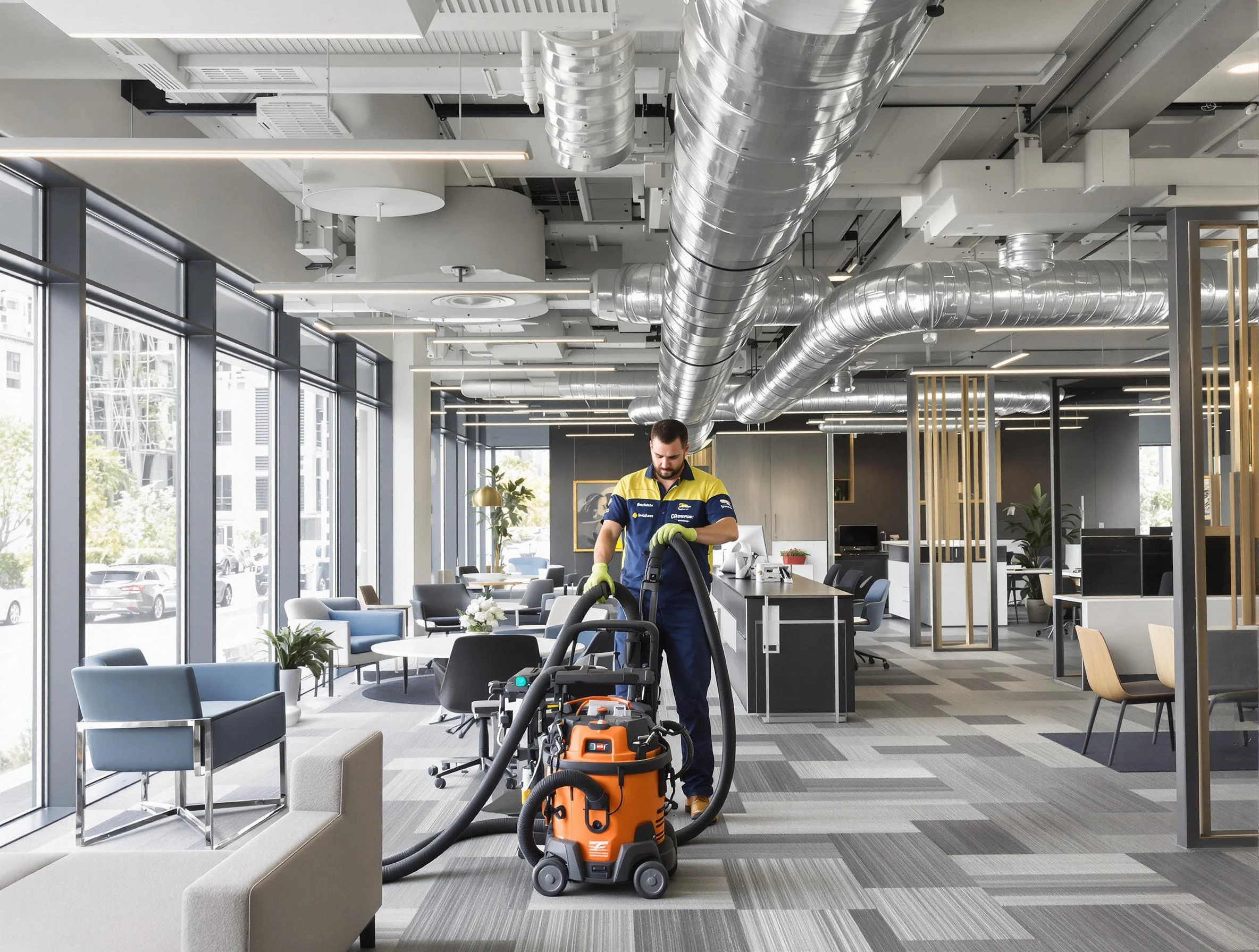 Tecumseh Air Duct Cleaning team performing thorough commercial duct cleaning at a Tecumseh business center